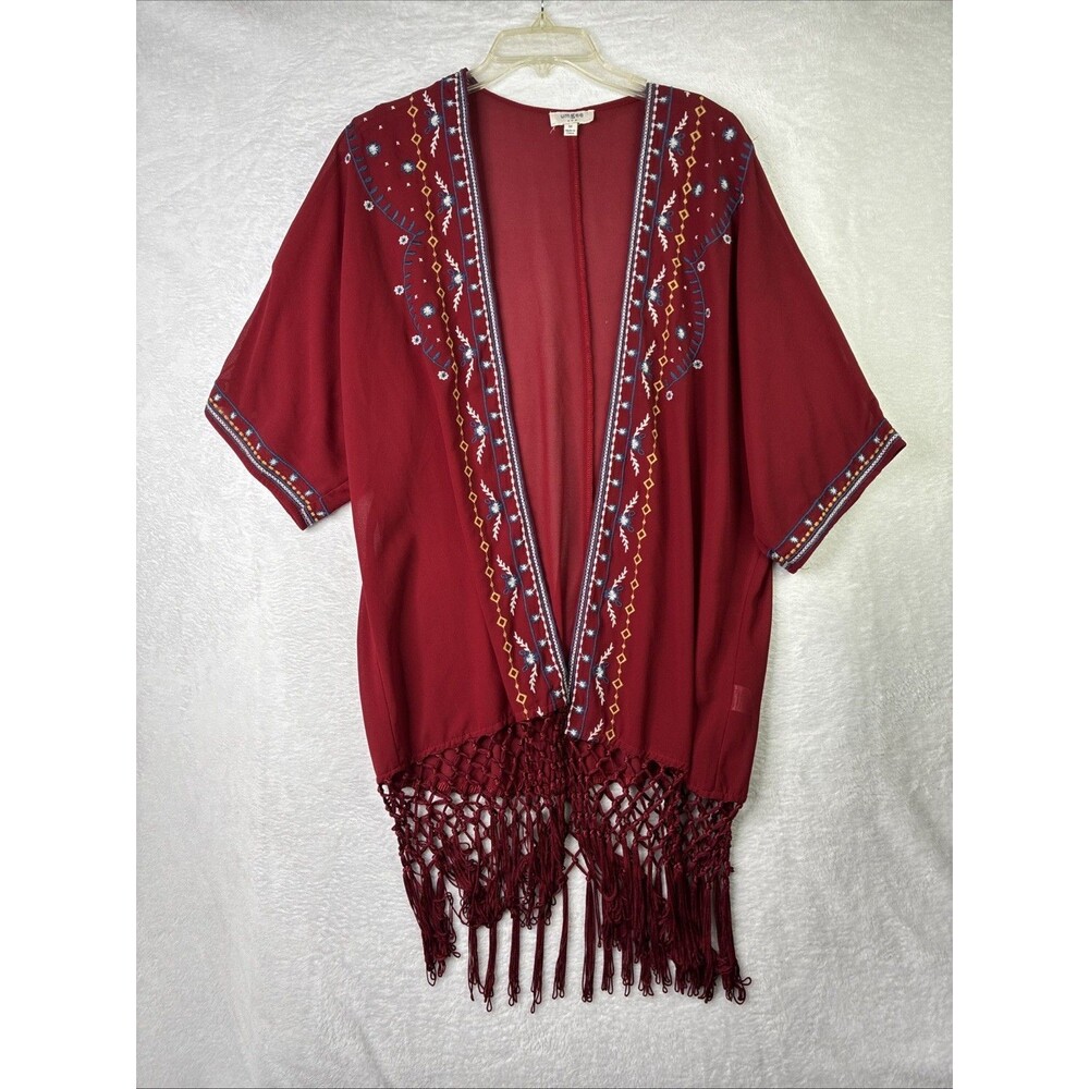 Umgee USA Womens M Burgundy Embroidered Kimono Cardigan Fringe Boho C3049